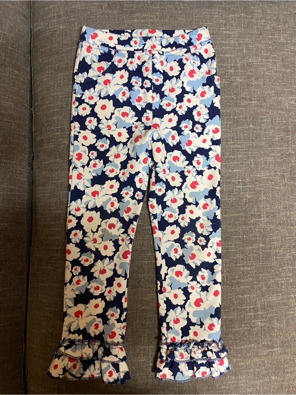 Crown & Ivy Girls Floral Ruffle Hem Leggings - Navy, White & Coral